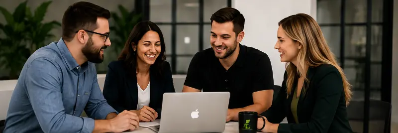 Four diverse business professionals collaborating happily while looking at an Apple laptop on a table in a brightly lit modern office environment.