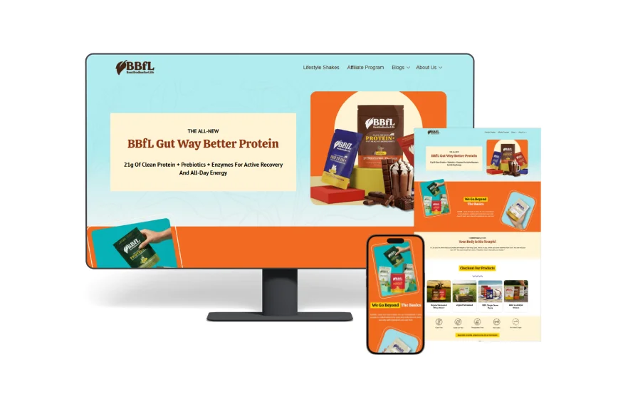 A website portfolio mockup by LimeLabs Marketing showing desktop, mobile, and full-page layout views of a custom website designed for BBfL (Best Bodies For Life) lifestyle and protein supplements.