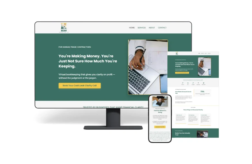 A website portfolio mockup by LimeLabs Marketing showing desktop, mobile, and full-page layout views of a custom green and yellow website designed for Bean Counter KC, a bookkeeping service