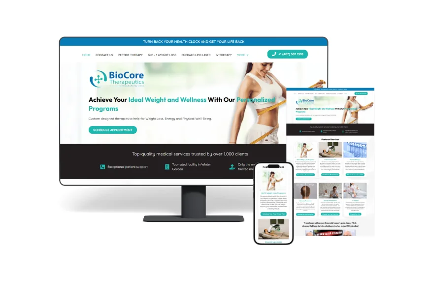 A website portfolio mockup by LimeLabs Marketing showing desktop, mobile, and full-page views of a custom health and wellness website designed for BioCore Therapeutics.