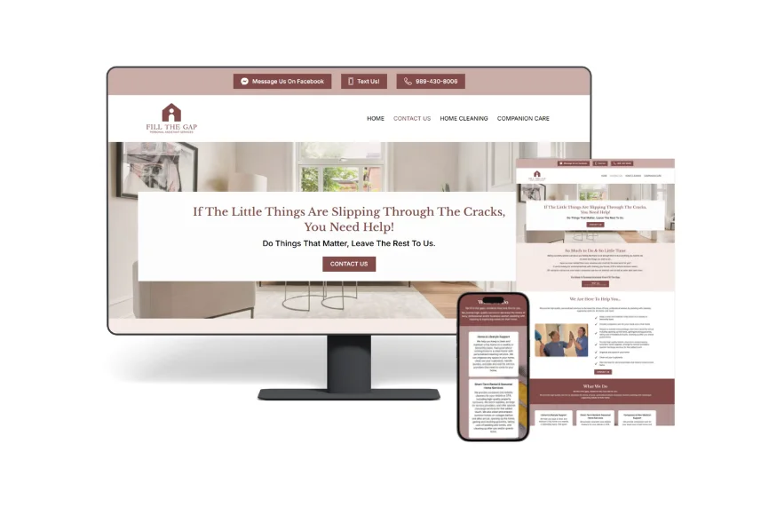 A website portfolio mockup by LimeLabs Marketing showing desktop, mobile, and full-page views of a custom website designed for Fill The Gap personal assistant and home cleaning services.