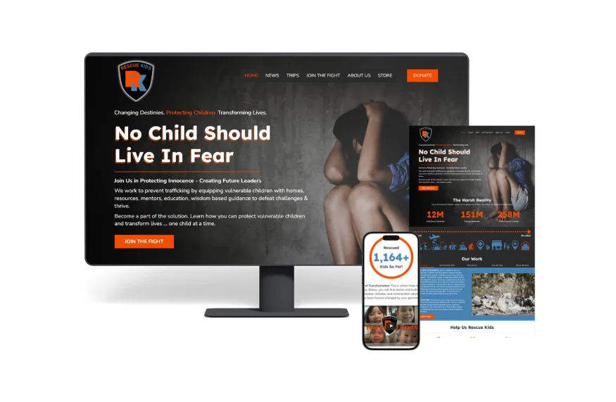 A website design portfolio mockup by LimeLabs Marketing showing desktop, mobile, and full-page layout views of a custom website designed for the Rescue Kids non-profit organization.
