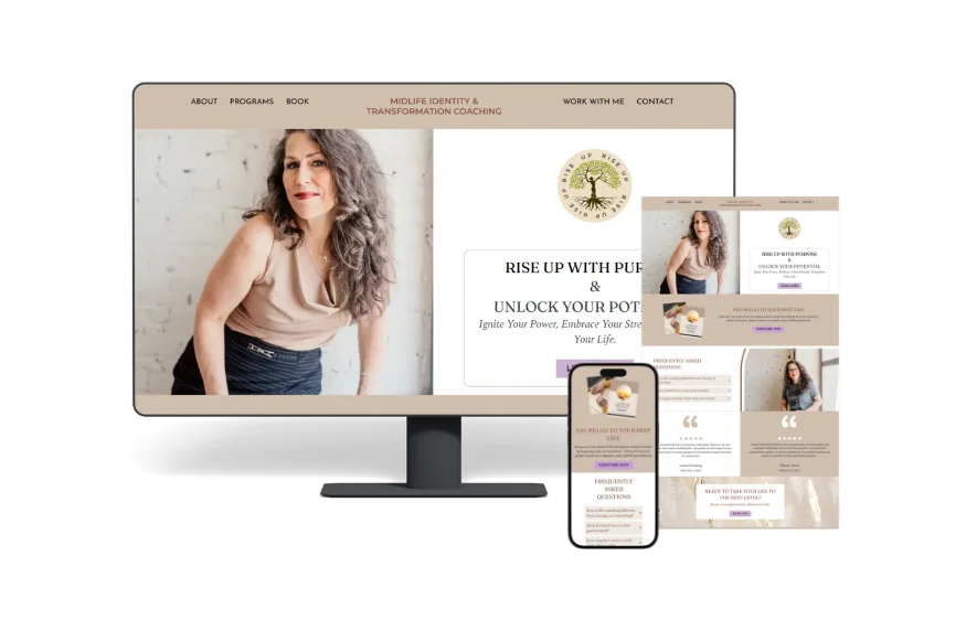 A website portfolio mockup by LimeLabs Marketing showing desktop, mobile, and full-page views of a custom website designed for Rise Up Midlife Identity and Transformation Coaching.