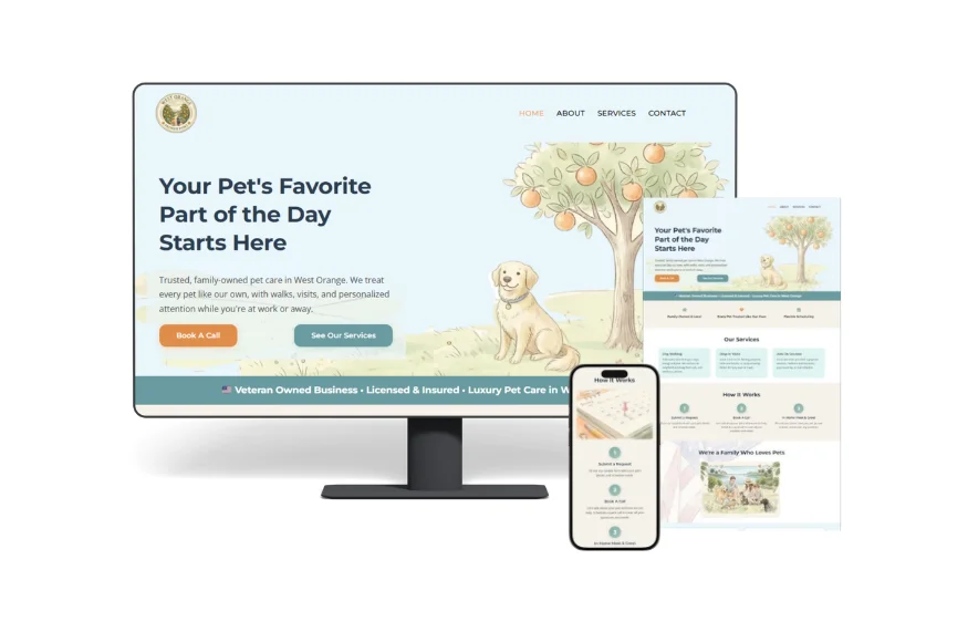 A website portfolio mockup by LimeLabs Marketing showing desktop, mobile, and full-page views of a custom website designed for West Orange Premier Paws.