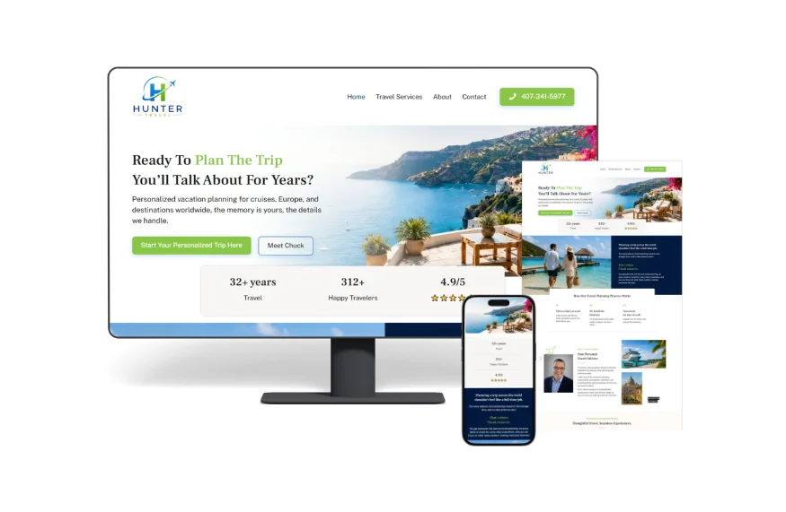 A website portfolio mockup by LimeLabs Marketing showing desktop, mobile, and full-page views of a custom website designed for Hunter Travel.